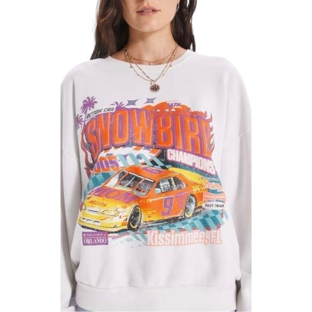 MOTHER Denim Drop Square Racing Graphic Cotton White Crewneck Sweatshirt‎ XS